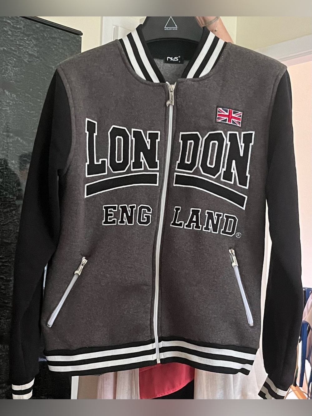London England “Varsity Jacket” Style Sweater Cotton Blend with Inner Fleece